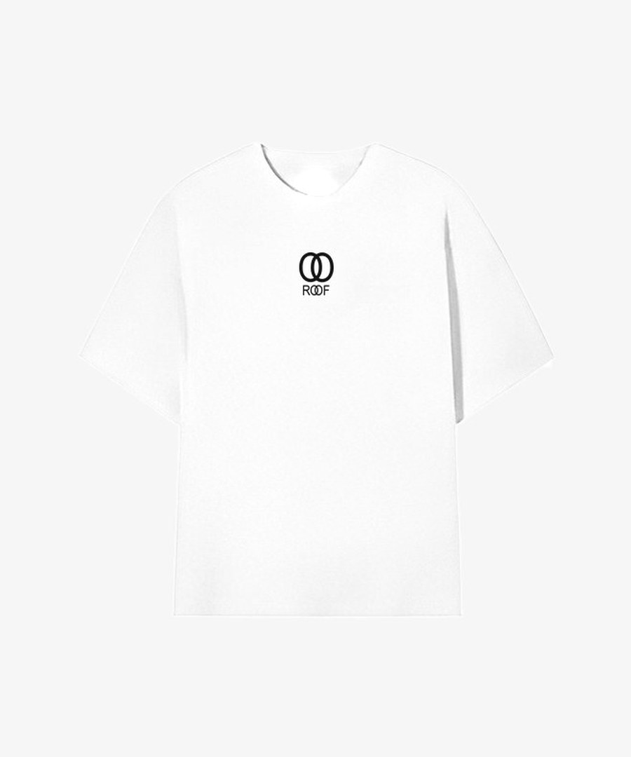 ROOF TV oversized white t-shirt with black logo in the center of the chest